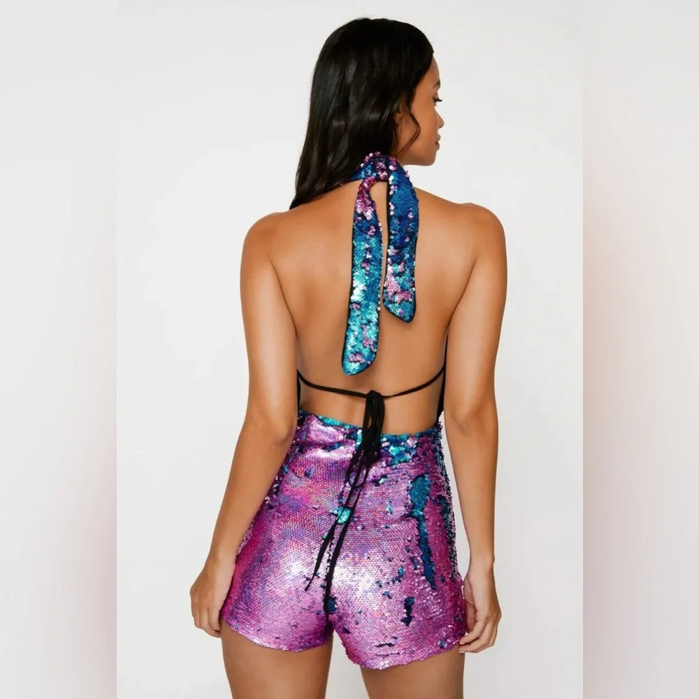 Nasty Gal Teal & Magenta Sequin Halter Romper - Picture 4 of 8